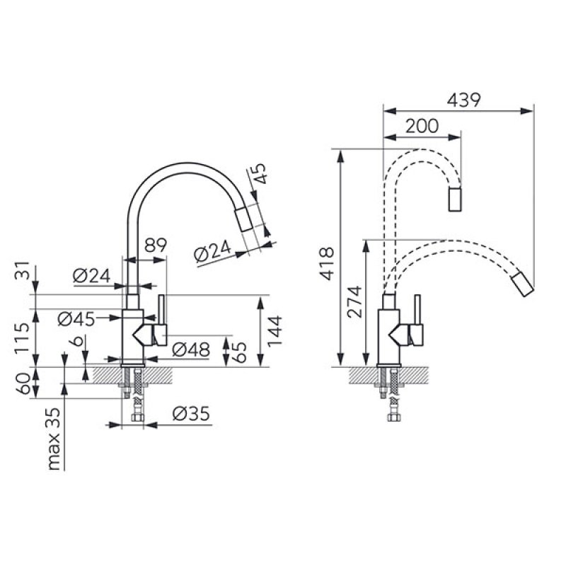 Zumba Inox - standing sink mixer with flexible spout